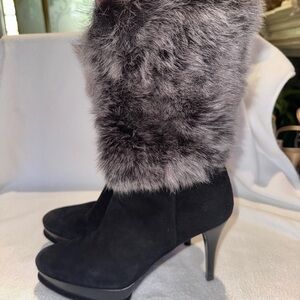 Stuart Weitzman Black and Gray Fur Heeled Boots